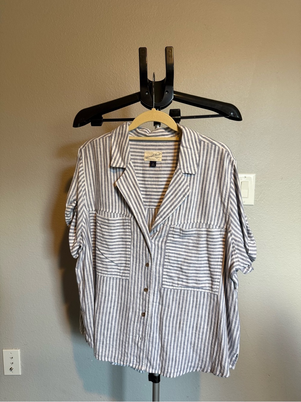 Light Blue Stripe Women’s Button-Up Linen Blend Casual Shirt